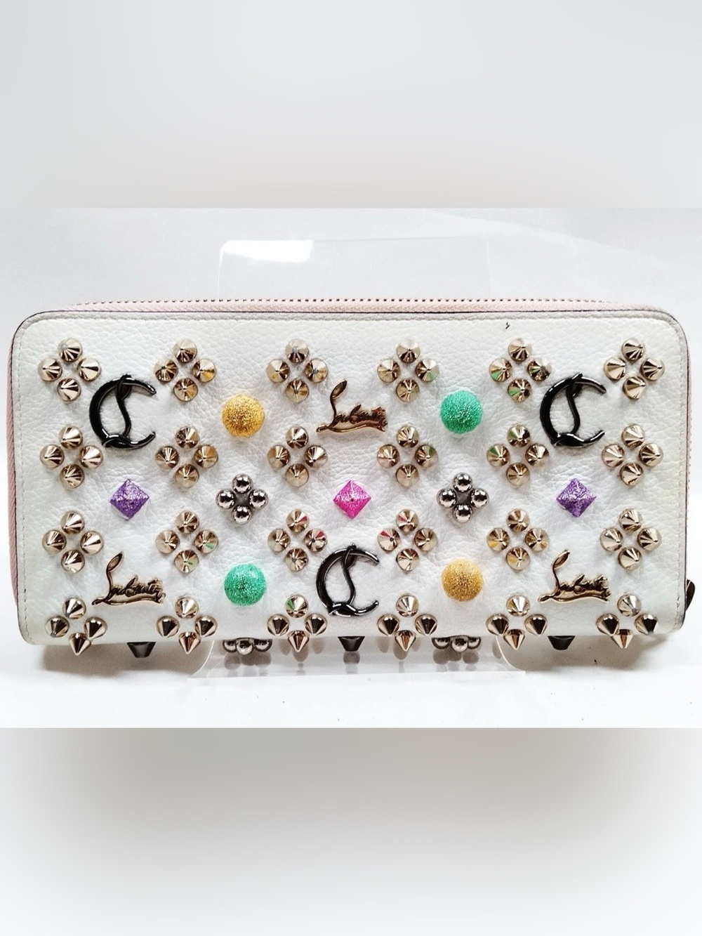 Christian Louboutin White Leather Studded Zip Wallet | Auth